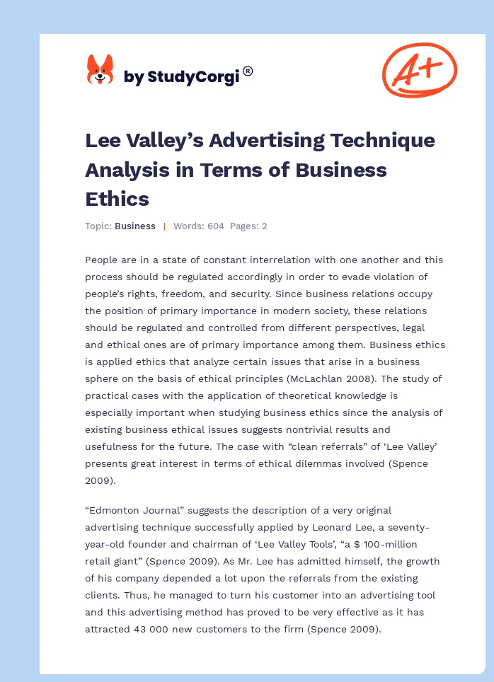 Lee Valley’s Advertising Technique Analysis in Terms of Business Ethics. Page 1