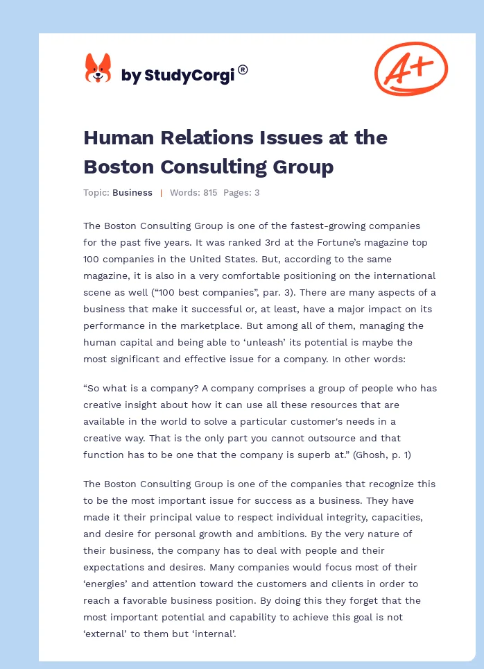 Human Relations Issues at the Boston Consulting Group. Page 1