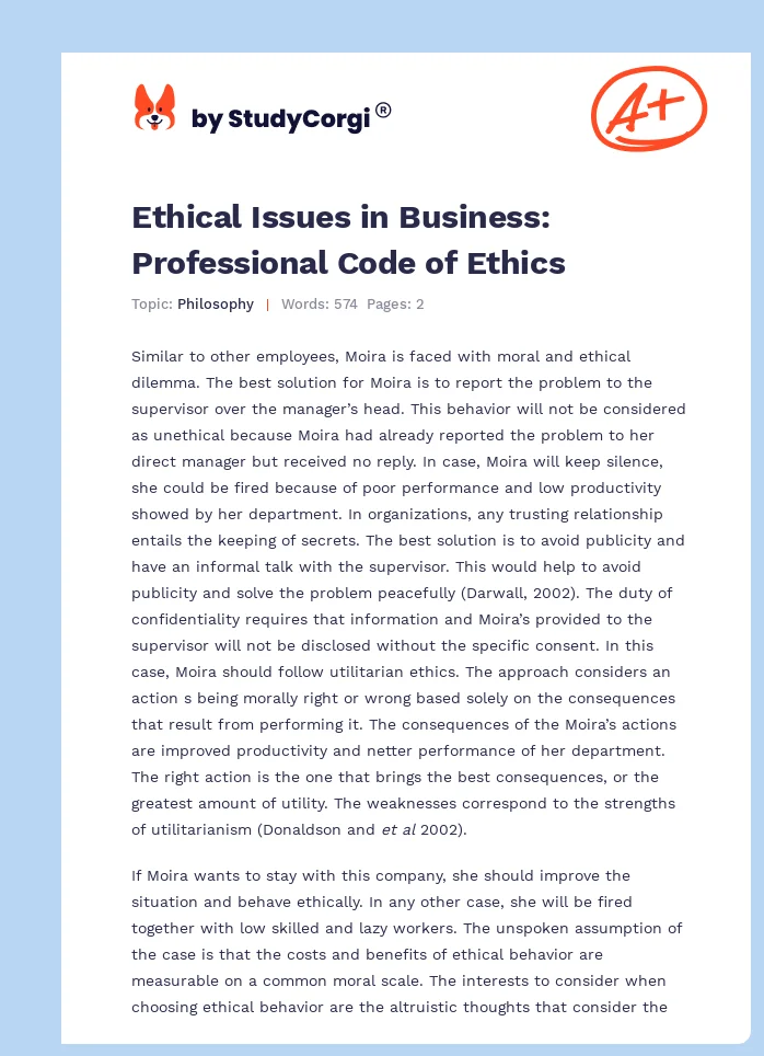 Ethical Issues in Business: Professional Code of Ethics. Page 1
