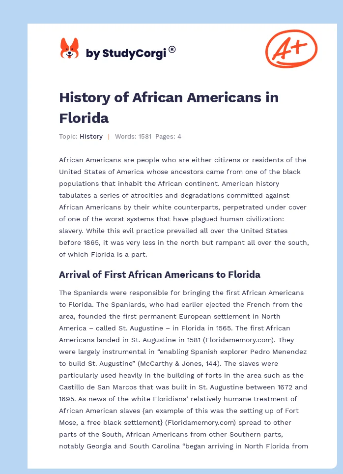 History of African Americans in Florida. Page 1