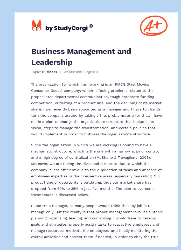 Business Management and Leadership. Page 1