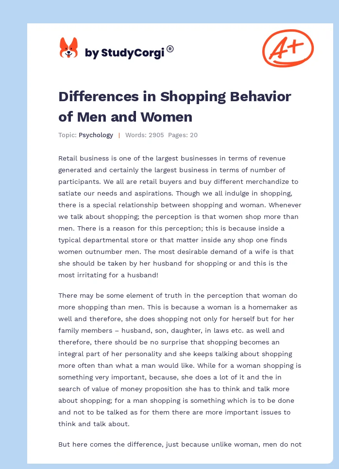 Differences in Shopping Behavior of Men and Women. Page 1