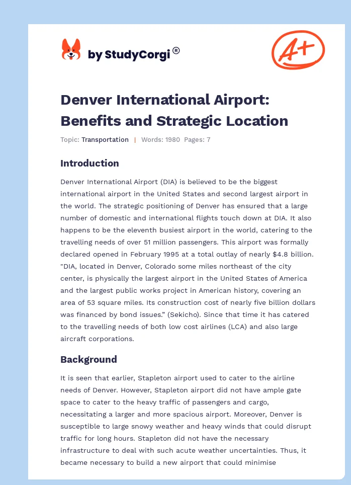 Denver International Airport: Benefits and Strategic Location. Page 1