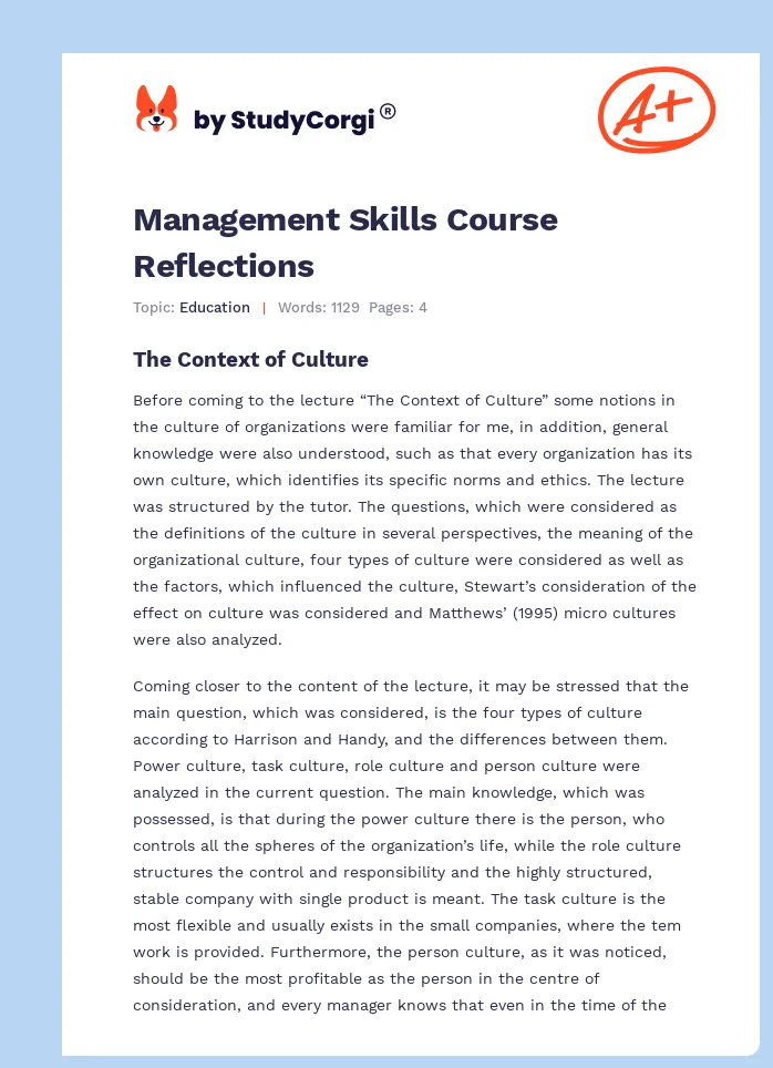 Management Skills Course Reflections. Page 1