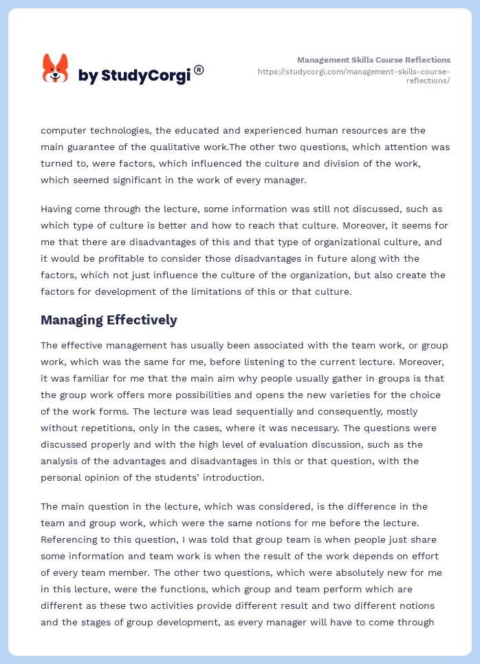 Management Skills Course Reflections. Page 2