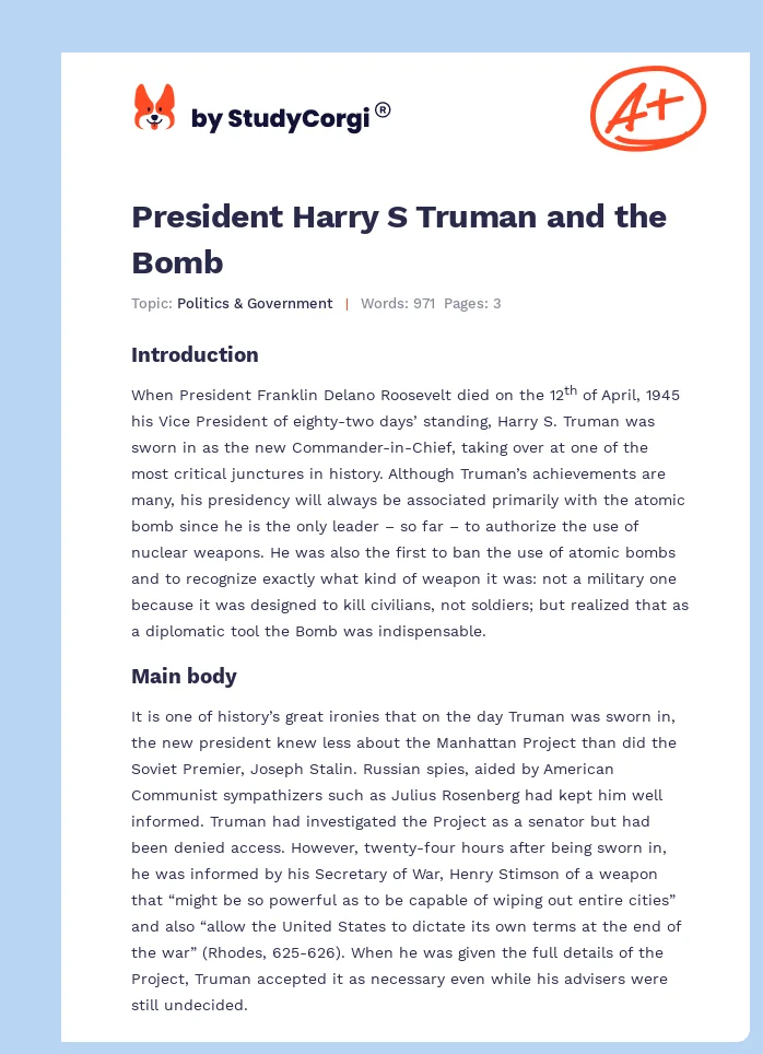President Harry S Truman and the Bomb. Page 1