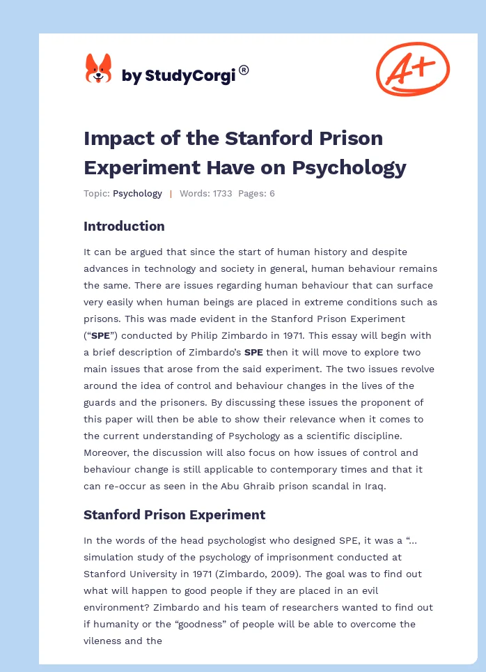 Impact of the Stanford Prison Experiment Have on Psychology. Page 1