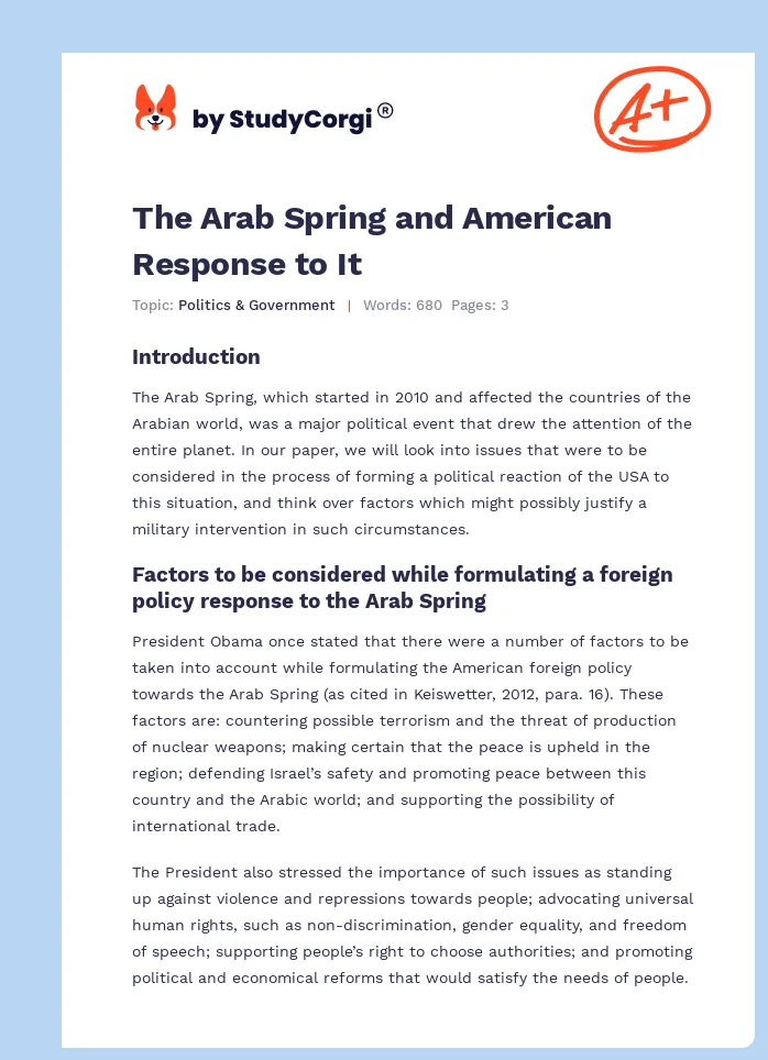 The Arab Spring and American Response to It. Page 1