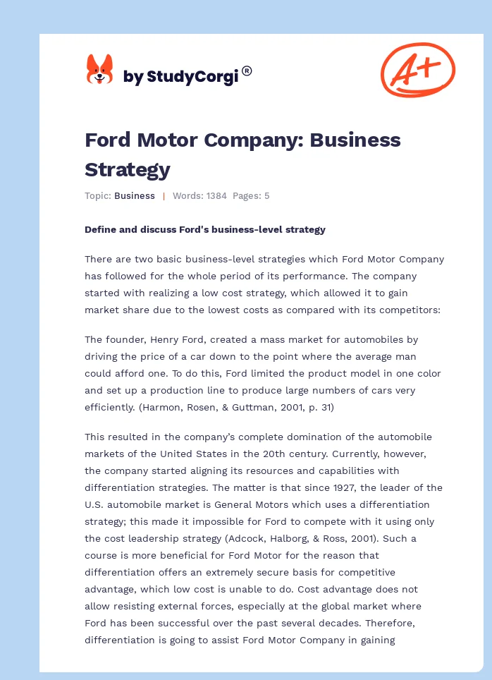 Ford Motor Company: Business Strategy. Page 1
