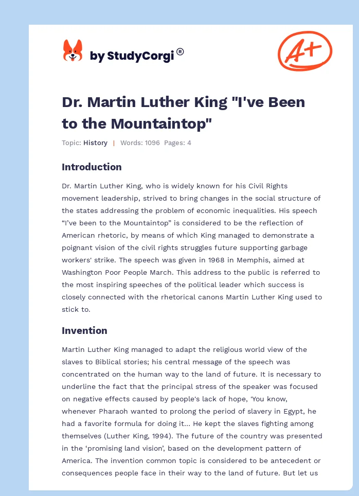 Dr. Martin Luther King "I've Been to the Mountaintop". Page 1