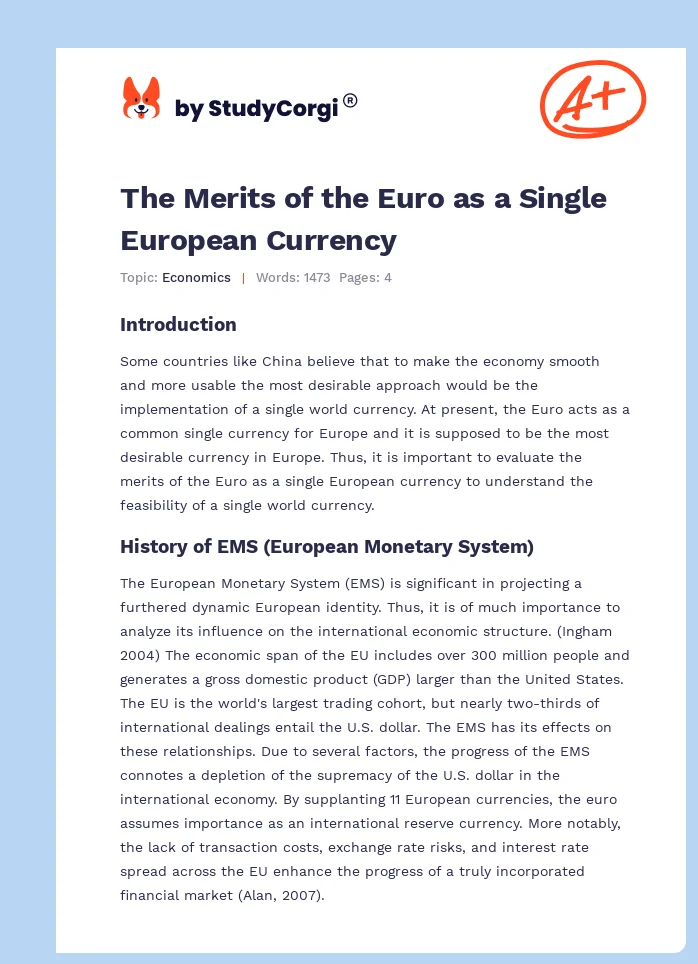 The Merits of the Euro as a Single European Currency. Page 1