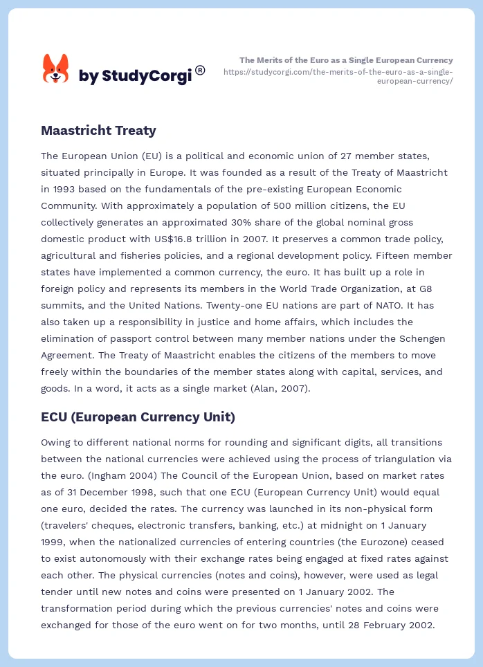 The Merits of the Euro as a Single European Currency. Page 2