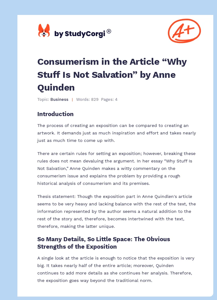 Consumerism in the Article “Why Stuff Is Not Salvation” by Anne Quinden. Page 1