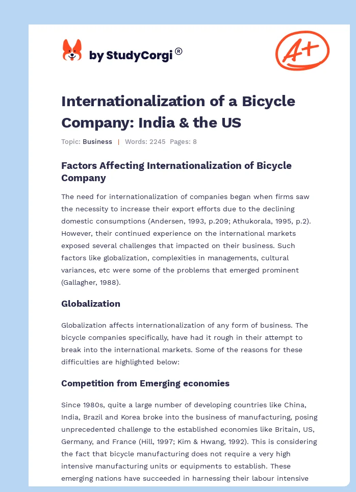Internationalization of a Bicycle Company: India & the US. Page 1