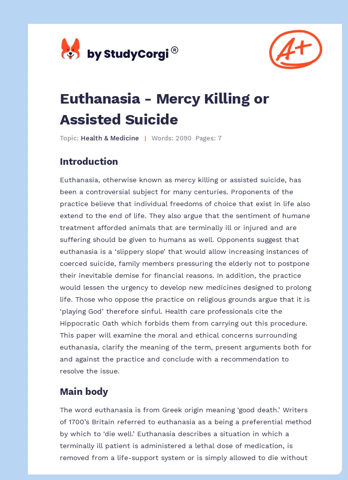 Euthanasia - Mercy Killing or Assisted Suicide. Page 1