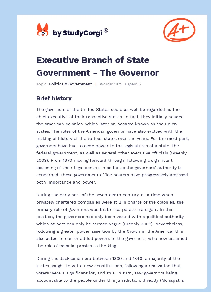 Executive Branch of State Government - The Governor. Page 1