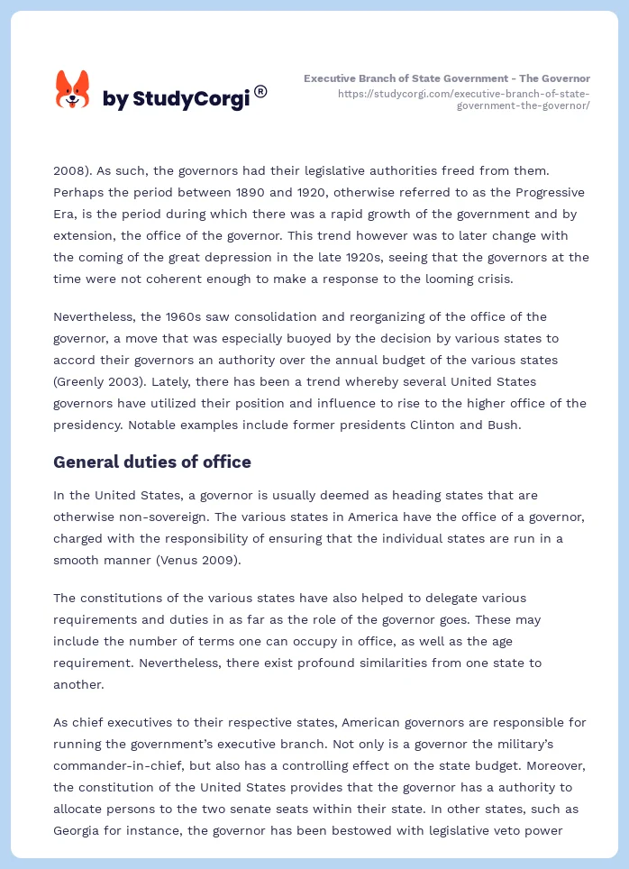 Executive Branch of State Government - The Governor. Page 2
