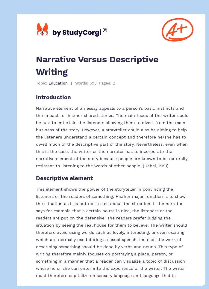 Narrative Versus Descriptive Writing. Page 1