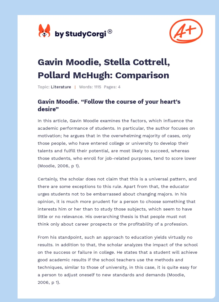 Gavin Moodie, Stella Cottrell, Pollard McHugh: Comparison. Page 1