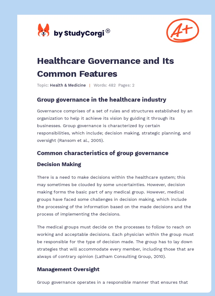 Healthcare Governance and Its Common Features. Page 1