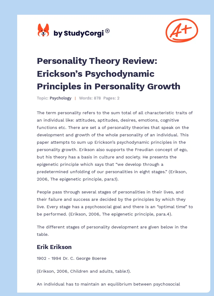 Personality Theory Review: Erickson’s Psychodynamic Principles in Personality Growth. Page 1