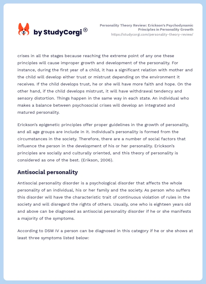 Personality Theory Review: Erickson’s Psychodynamic Principles in Personality Growth. Page 2