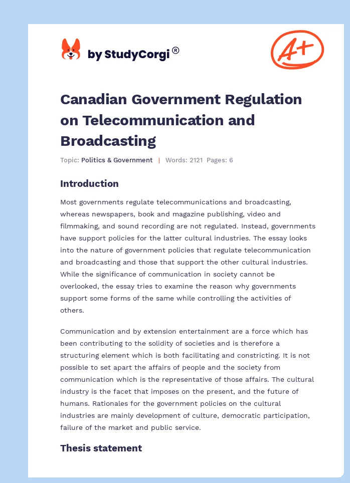 Canadian Government Regulation on Telecommunication and Broadcasting. Page 1