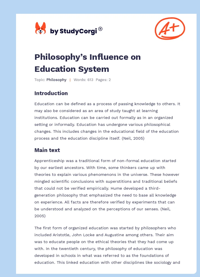 Philosophy’s Influence on Education System. Page 1