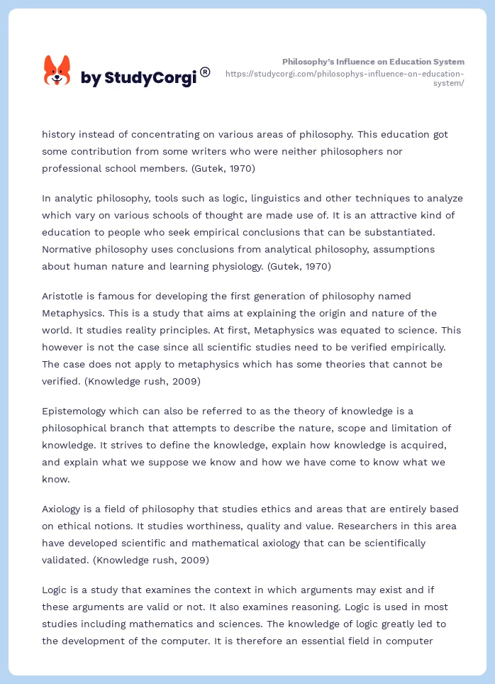 Philosophy’s Influence on Education System. Page 2