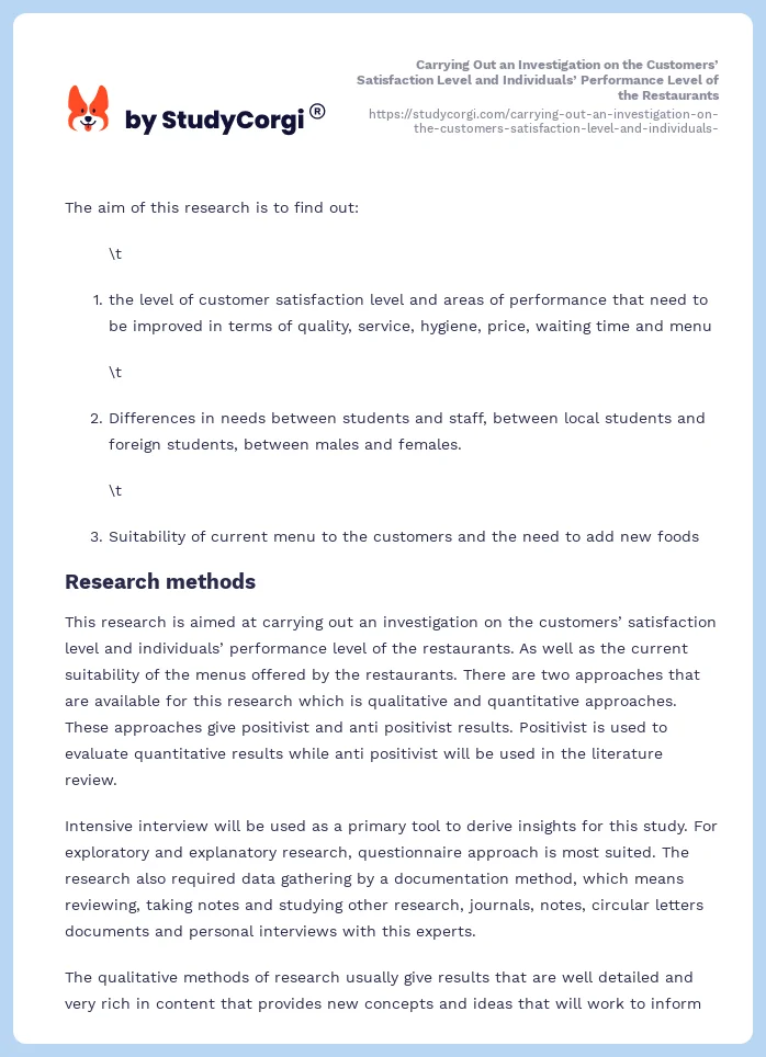 Carrying Out an Investigation on the Customers’ Satisfaction Level and Individuals’ Performance Level of the Restaurants. Page 2