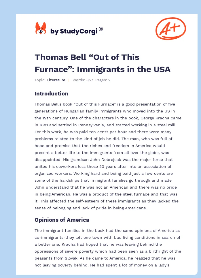 Thomas Bell “Out of This Furnace”: Immigrants in the USA. Page 1