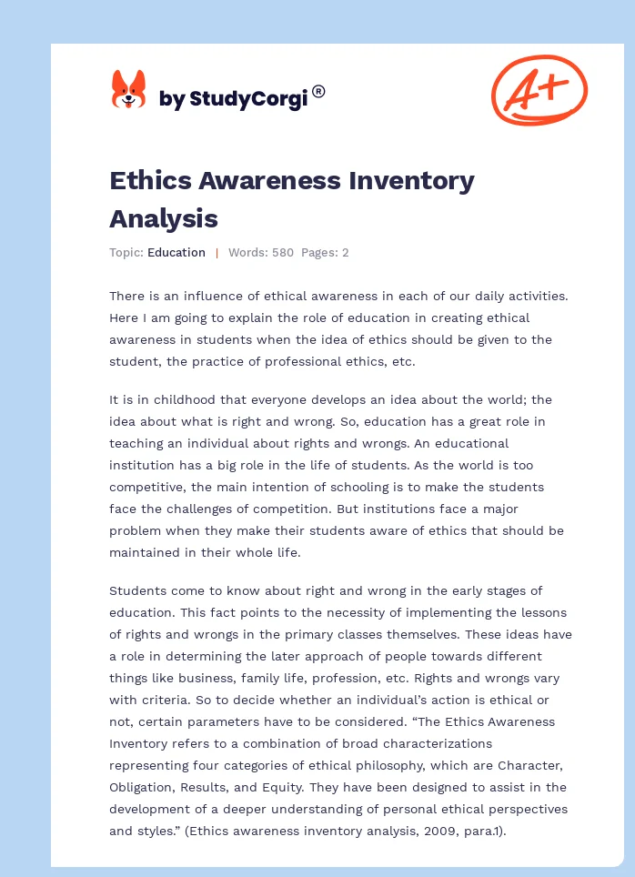 Ethics Awareness Inventory Analysis. Page 1
