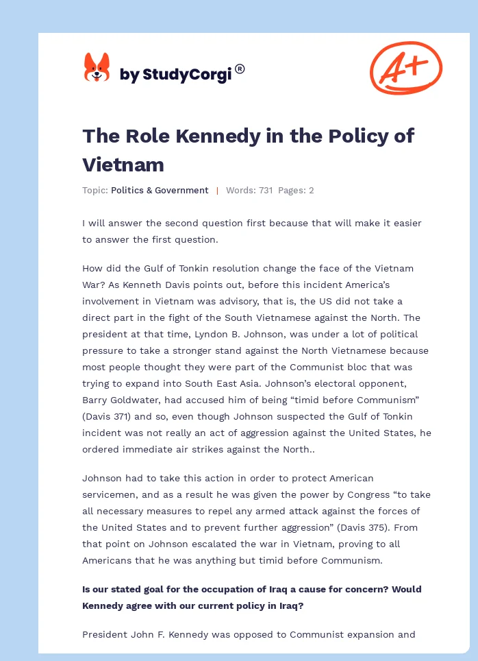 The Role Kennedy in the Policy of Vietnam. Page 1