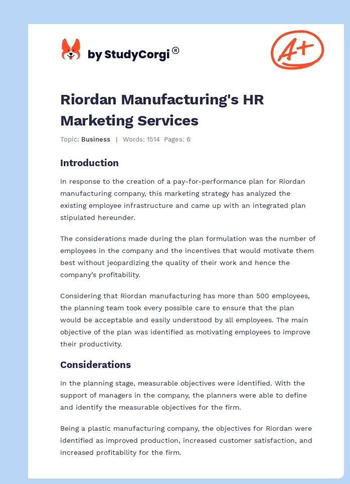 Riordan Manufacturing's HR Marketing Services. Page 1