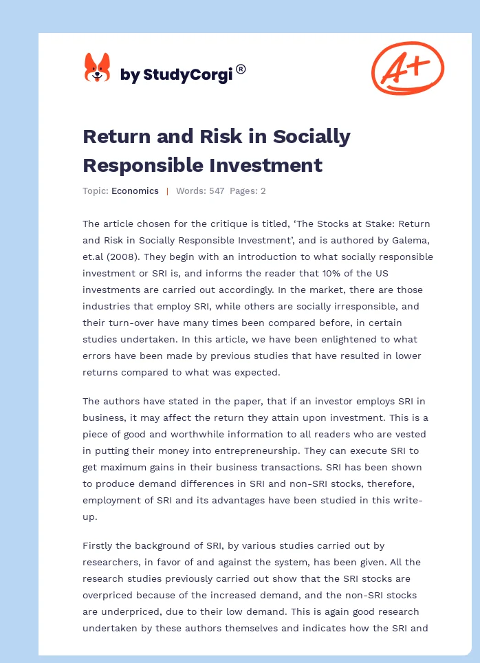 Return and Risk in Socially Responsible Investment. Page 1
