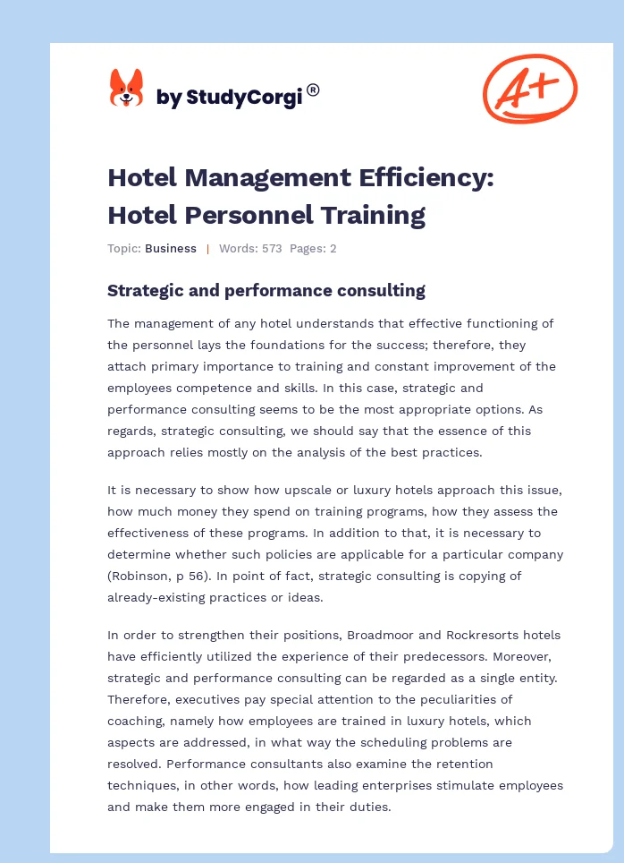 Hotel Management Efficiency: Hotel Personnel Training. Page 1