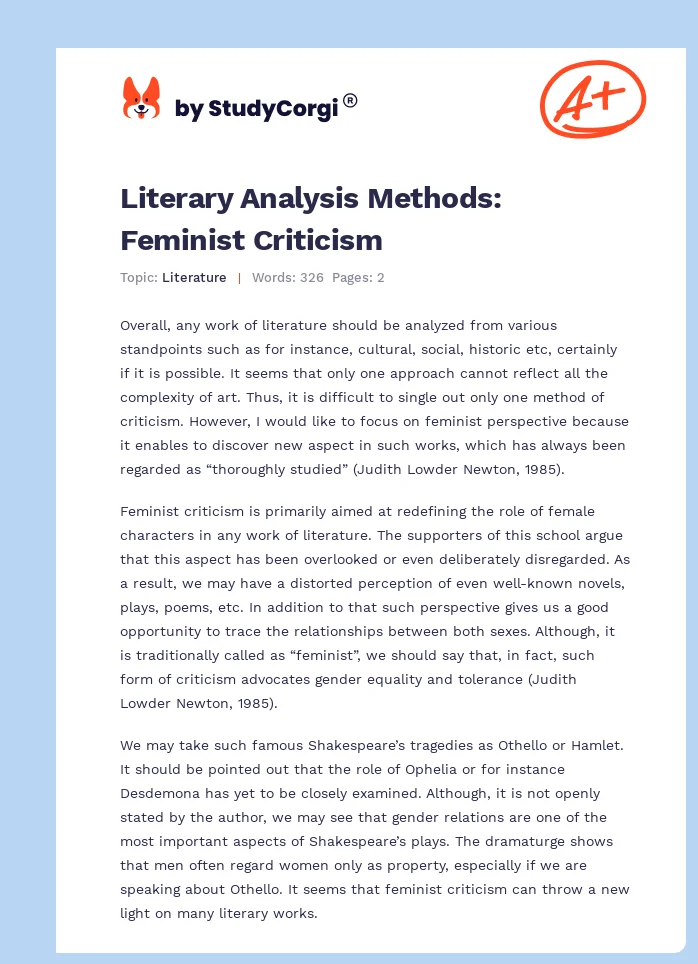 Literary Analysis Methods: Feminist Criticism. Page 1