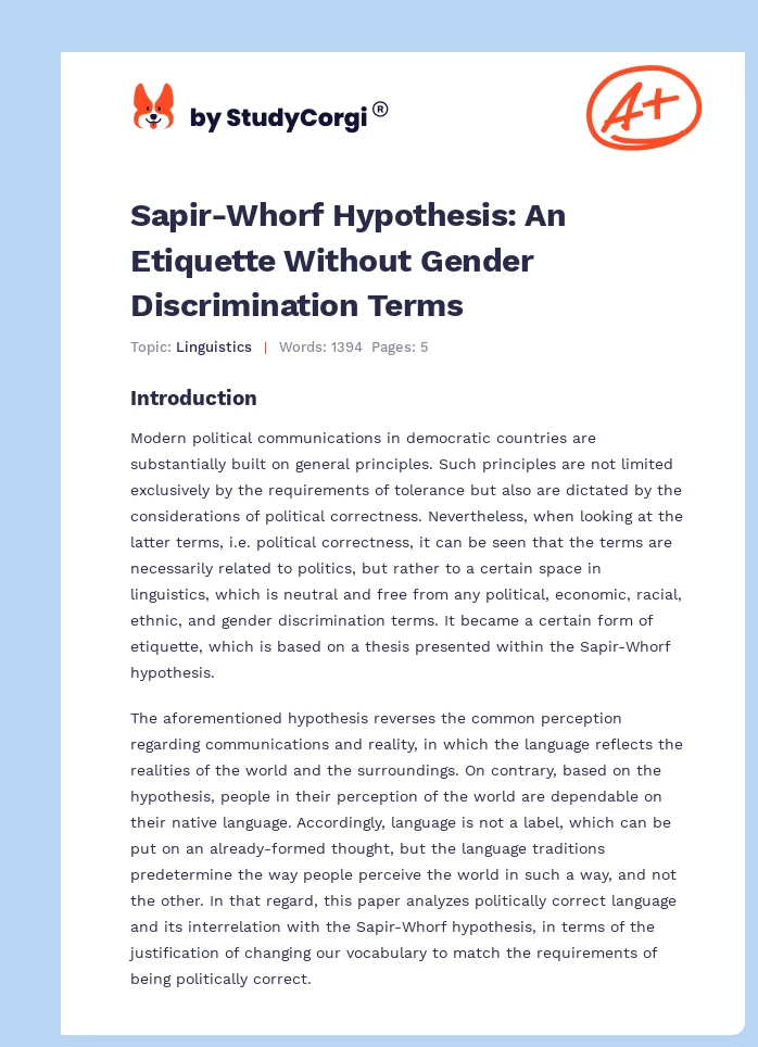 Sapir-Whorf Hypothesis: An Etiquette Without Gender Discrimination Terms. Page 1