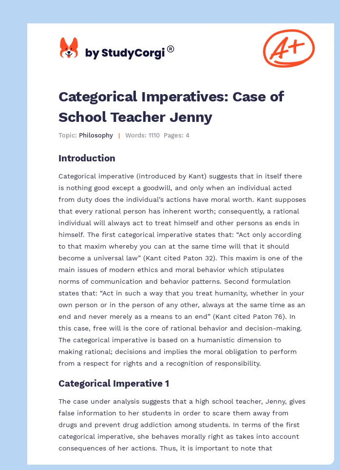 Categorical Imperatives: Case of School Teacher Jenny. Page 1