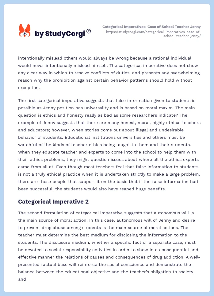 Categorical Imperatives: Case of School Teacher Jenny. Page 2