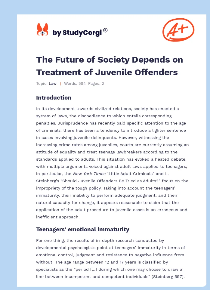 The Future of Society Depends on Treatment of Juvenile Offenders. Page 1