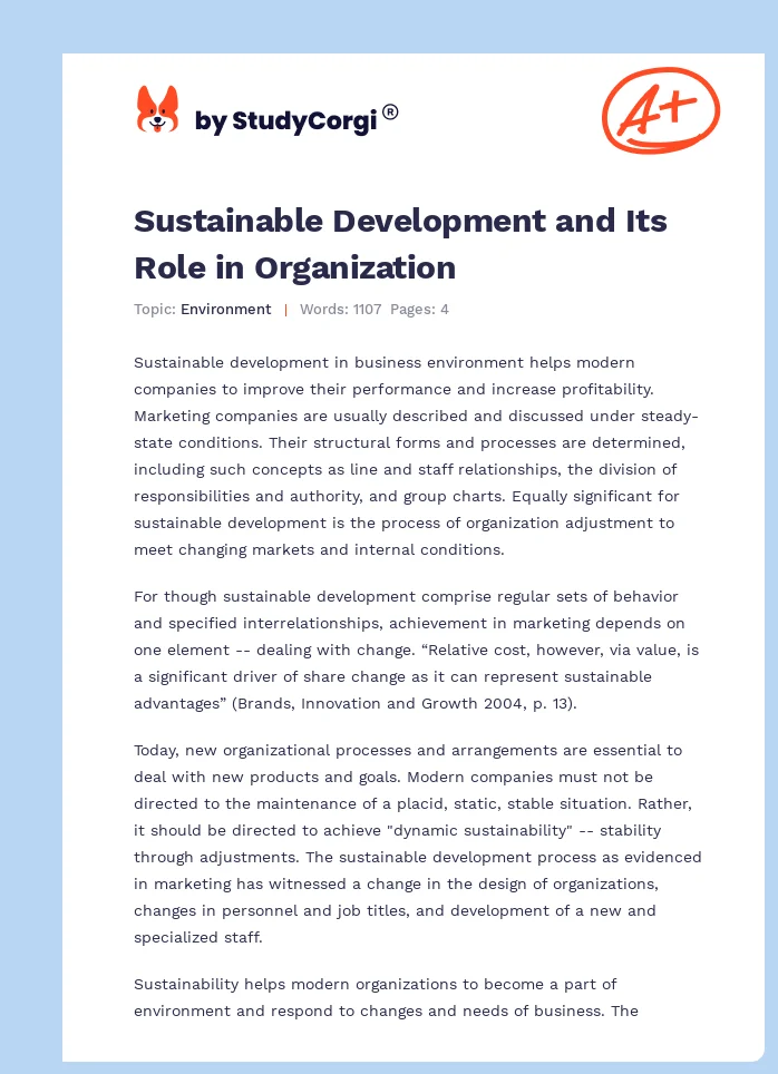 Sustainable Development and Its Role in Organization. Page 1