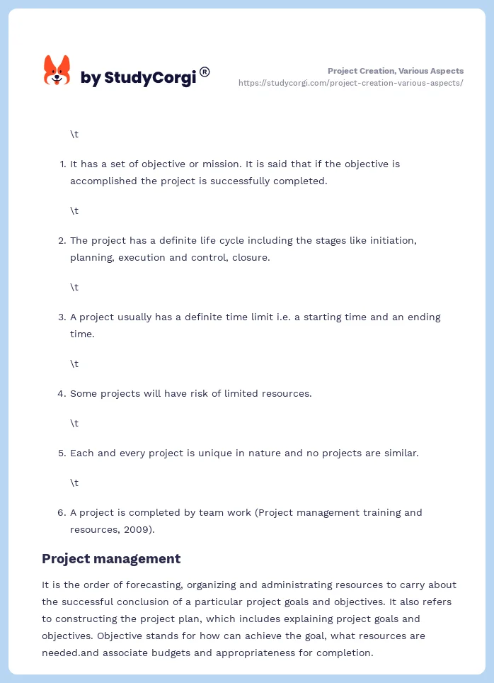 Project Creation, Various Aspects. Page 2