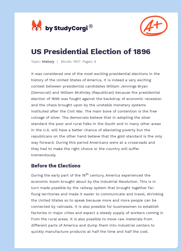 US Presidential Election of 1896. Page 1