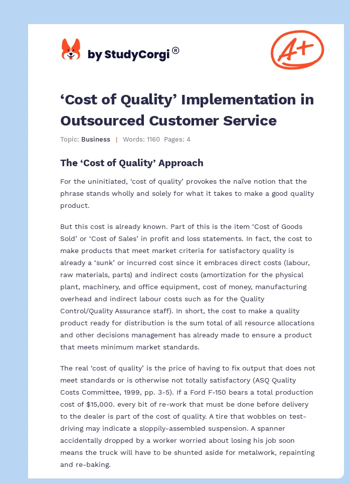 ‘Cost of Quality’ Implementation in Outsourced Customer Service. Page 1
