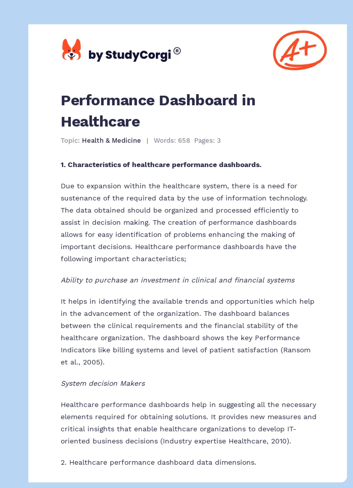 Performance Dashboard in Healthcare. Page 1