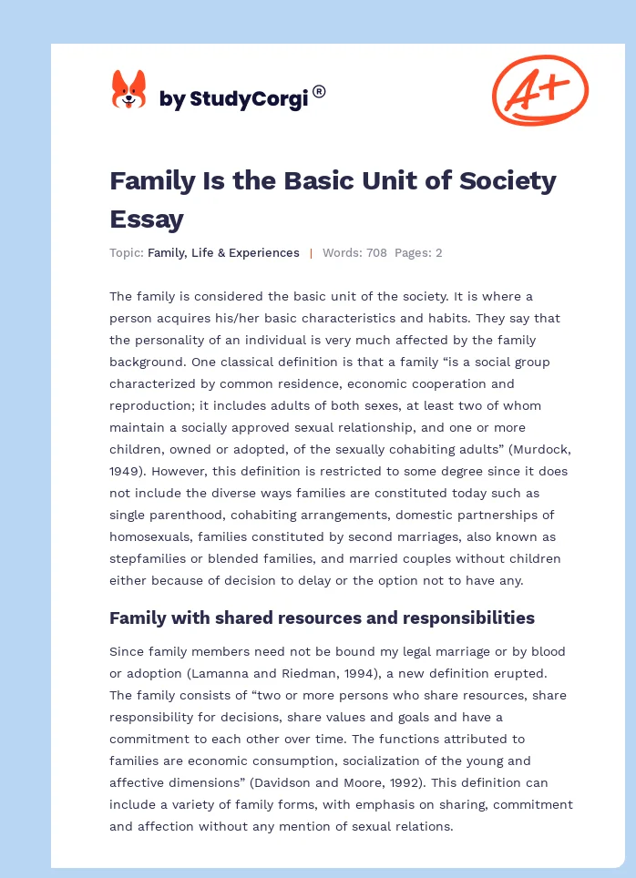 Family Is the Basic Unit of Society Essay. Page 1