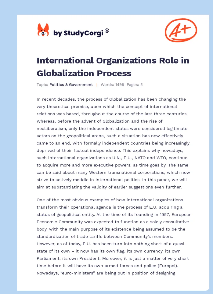 International Organizations Role in Globalization Process. Page 1