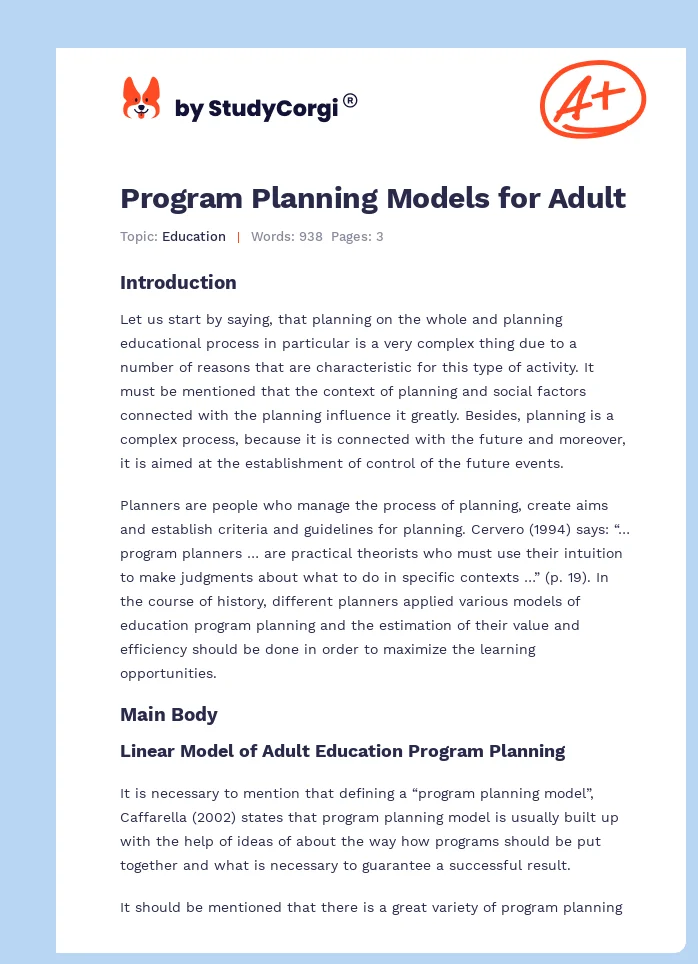 Program Planning Models for Adult. Page 1