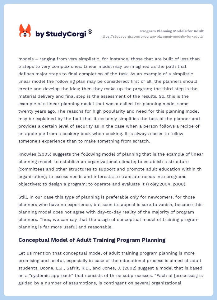 Program Planning Models for Adult. Page 2